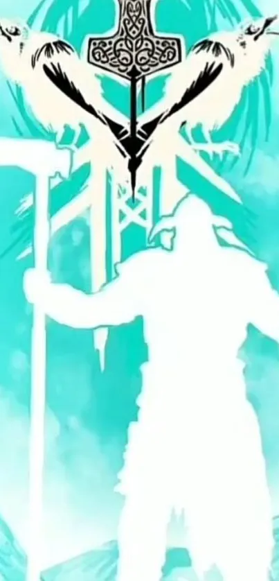 Silhouette of Viking warrior with axe in aqua background.