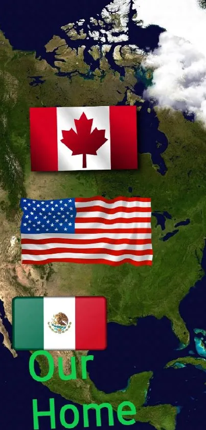 North America map with Canadian, USA, and Mexican flags overlay.