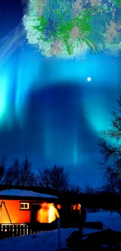 Cabin under northern lights with a vibrant blue sky.