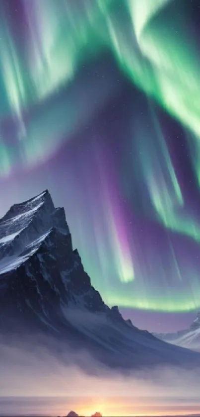 Northern Lights over snow-capped mountains at night.