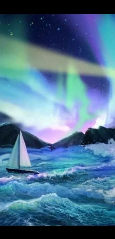 Sailboat beneath vibrant Northern Lights over ocean waves.