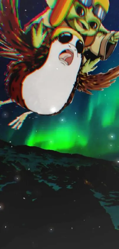 Cartoon duo flies under vibrant green aurora sky.