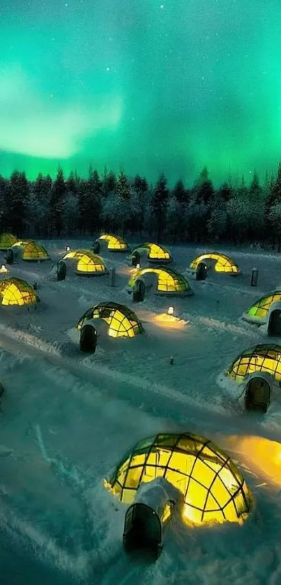 Glowing igloos under Northern Lights in snowy night scenery.