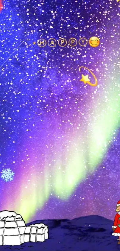 Mobile wallpaper of Northern Lights, Santa, igloo, and tent under a starry sky.