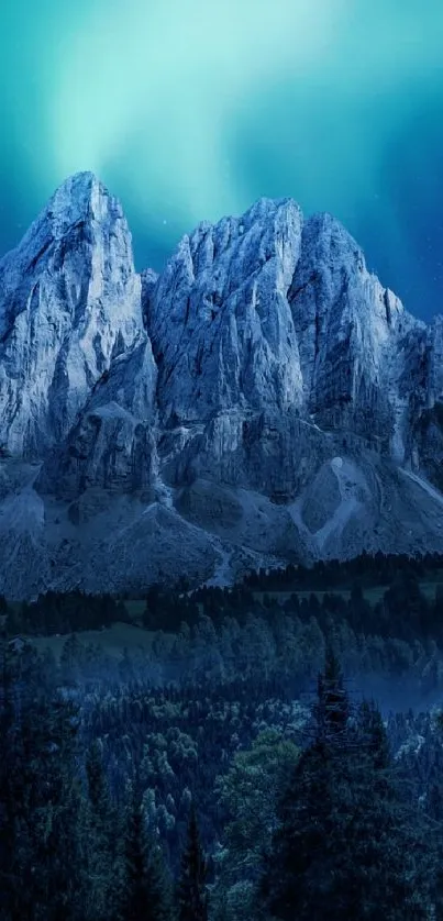 Northern Lights illuminate mountain under starry sky with full moon backdrop.