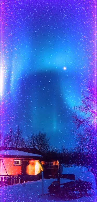 Mesmerizing northern lights over snowy cabin under a starry dark blue sky.