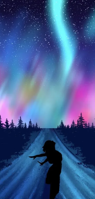 Silhouette under northern lights and stars in a vibrant night sky.