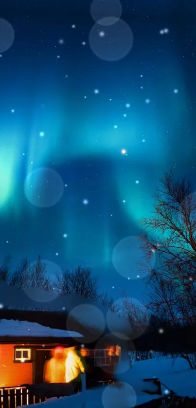 Northern Lights over a snowy cabin at night with a starry sky.
