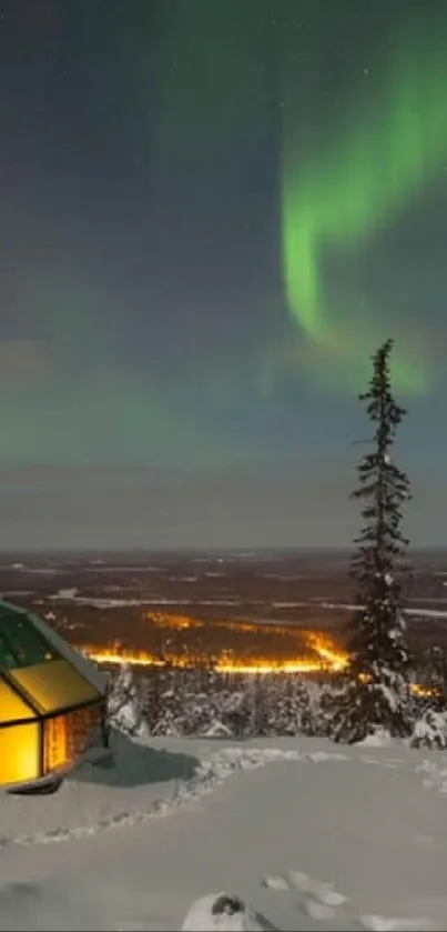 Northern Lights over igloos in snowy Finnish landscape.