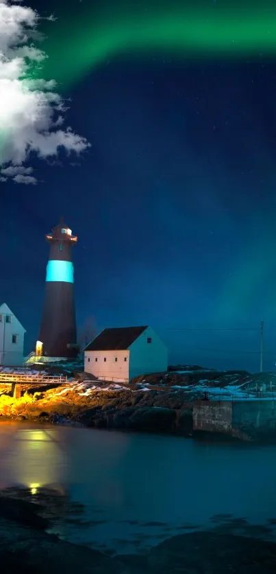 Lighthouse under northern lights in serene coastal landscape.