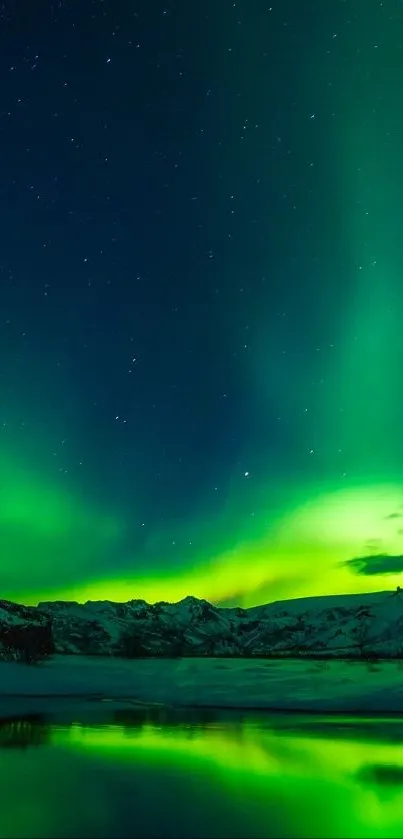 Aurora borealis over snowy mountains reflecting in a calm lake.