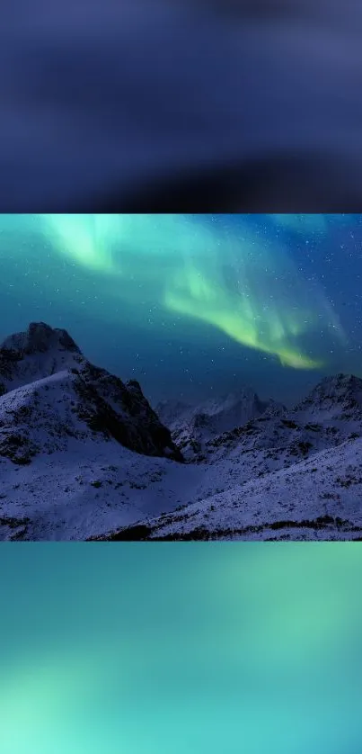 Northern lights over snow-capped mountains under a starry sky.