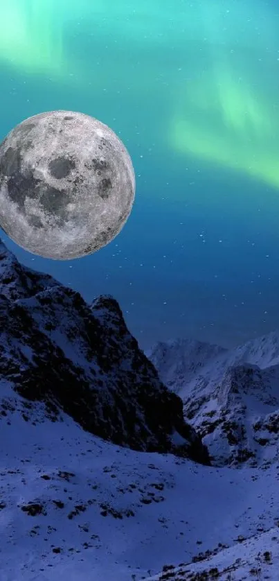 Northern lights above snowy mountains with full moon.