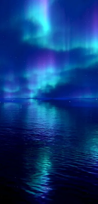 Aurora borealis over ocean creating a serene night mobile wallpaper.