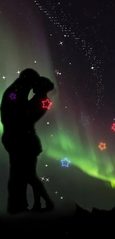 Romantic silhouette under northern lights in a starry night sky.