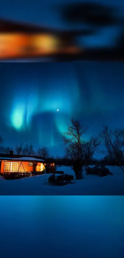 Aurora over a cozy cabin under a starry night sky.