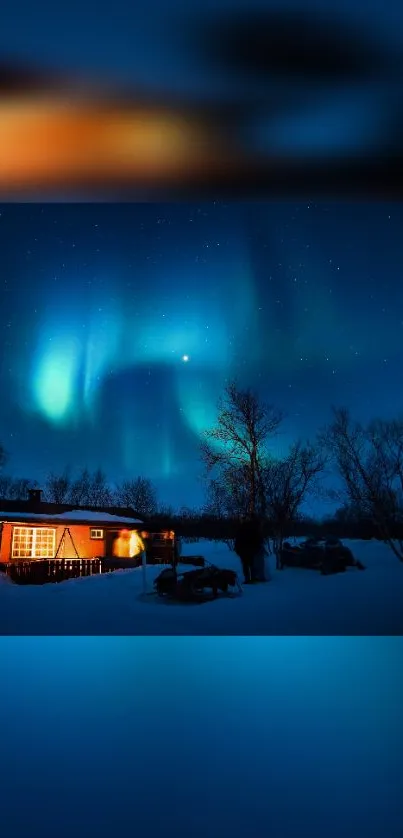 Captivating Northern Lights over a snowy cabin at night.