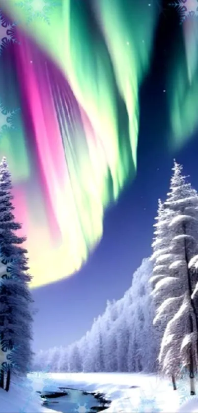 Northern Lights over snowy trees with a vibrant sky.