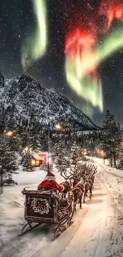 Santa's sleigh under northern lights in a snowy landscape.