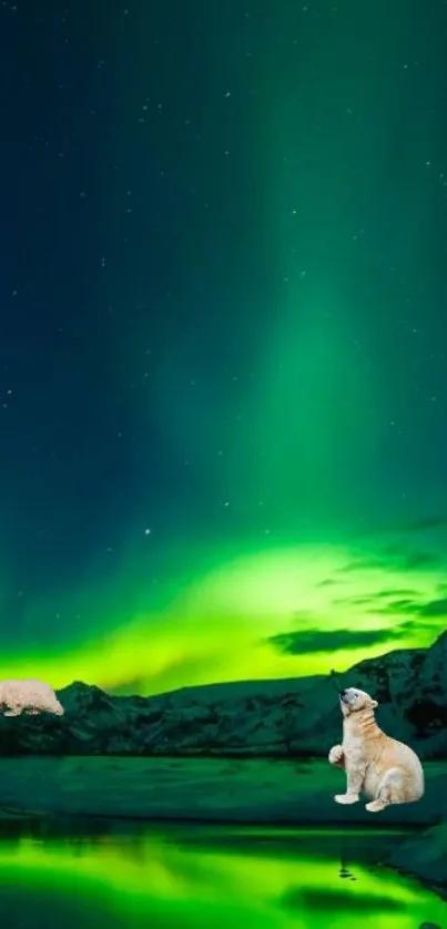 Cats sit beneath the vibrant Northern Lights in a snowy landscape.