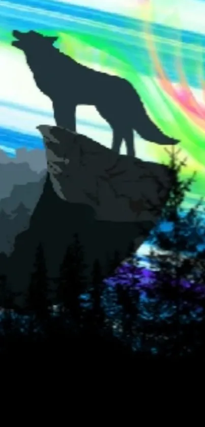 Silhouette of a wolf under colorful Northern Lights.