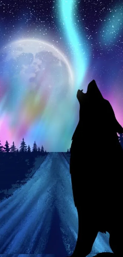 Silhouette of a wolf against aurora-lit sky with a full moon and starry background.