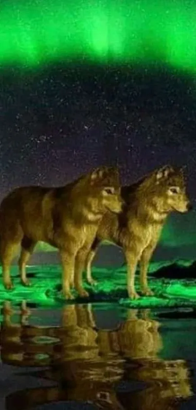 Wolves stand on reflective surface under green Northern Lights.