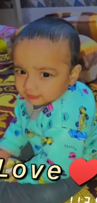 Adorable baby with love hearts on a vibrant background.