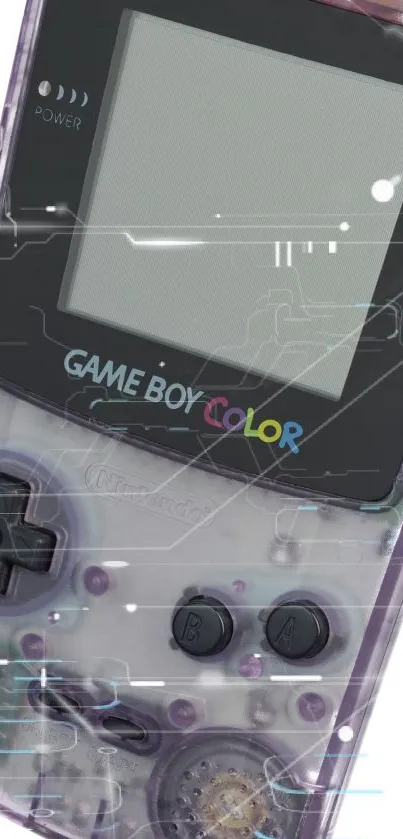 Transparent Game Boy with retro aesthetic in purple tones as phone wallpaper.