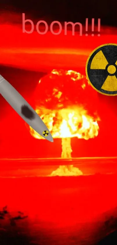 Vivid red nuclear explosion art wallpaper with symbolic imagery.