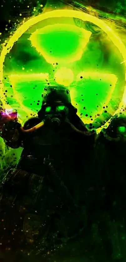 Nuclear-themed wallpaper with glowing green radiation symbol and warriors.