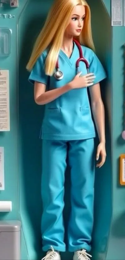 A nurse doll wearing blue scrubs inside medical-themed packaging.