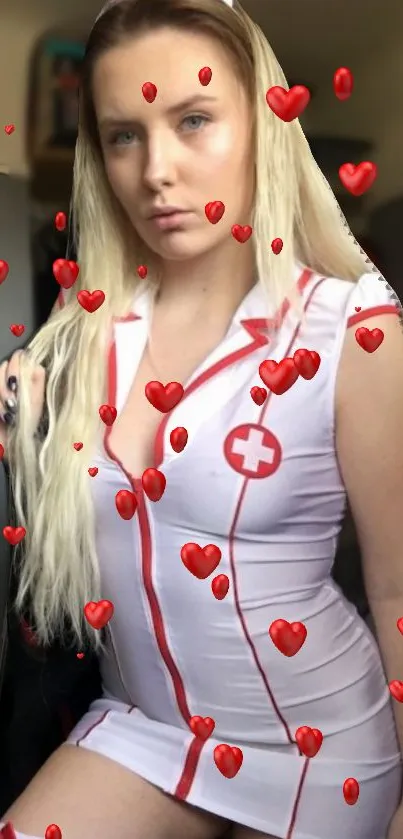 Nurse-themed mobile wallpaper featuring red heart accents.