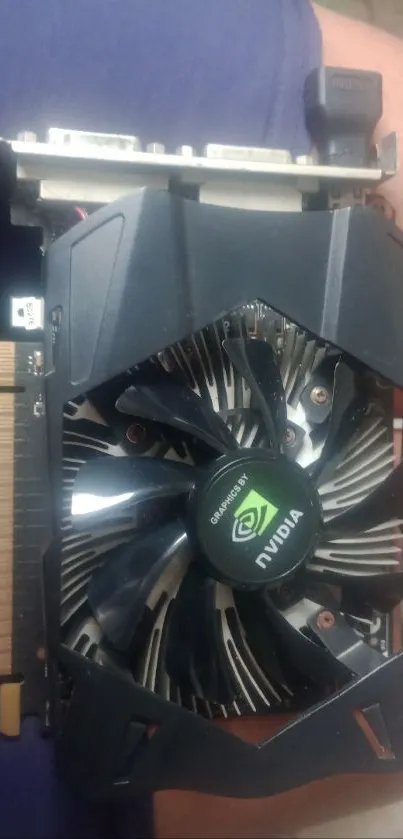 Close-up of NVIDIA graphics card on a surface.