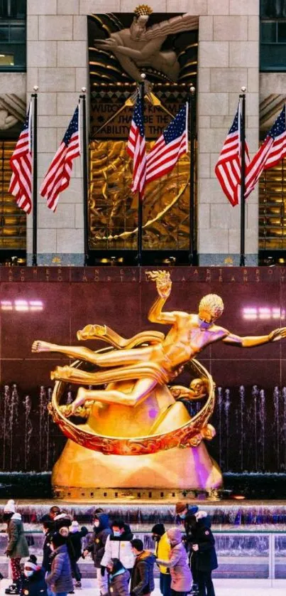 Prometheus statue with ice skaters in Rockefeller Center, NYC.