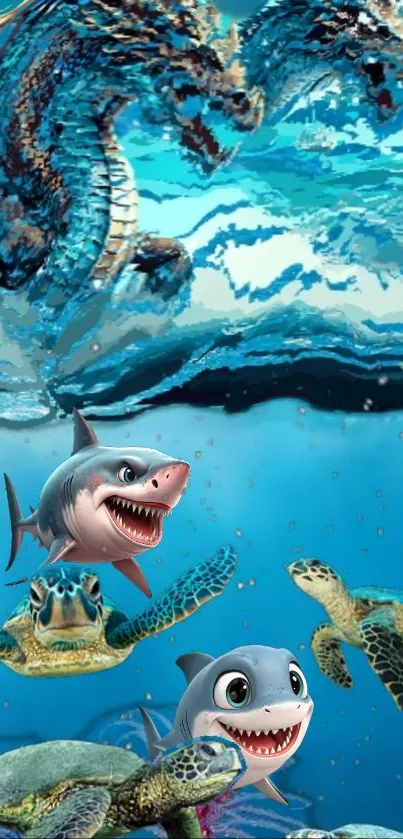 Animated underwater scene with sharks and turtles.