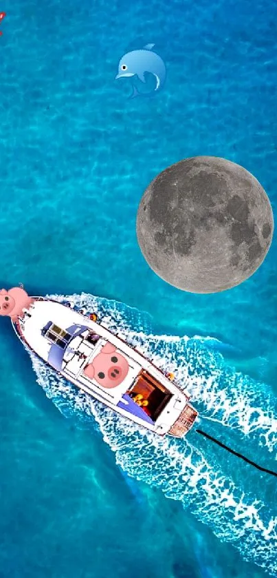 Vibrant ocean wallpaper with boat, moon, and emojis.