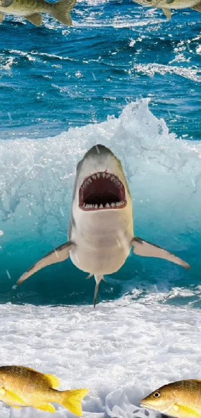 Shark jumps through ocean waves with fish swimming nearby.