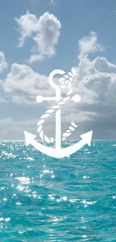 Nautical anchor design over turquoise ocean and cloudy sky.