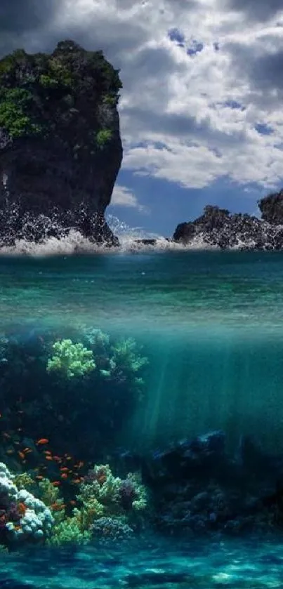 Vibrant ocean wallpaper with coral reef and stormy sky.