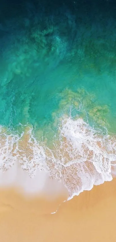 A serene beach with turquoise waves meeting sandy shores.