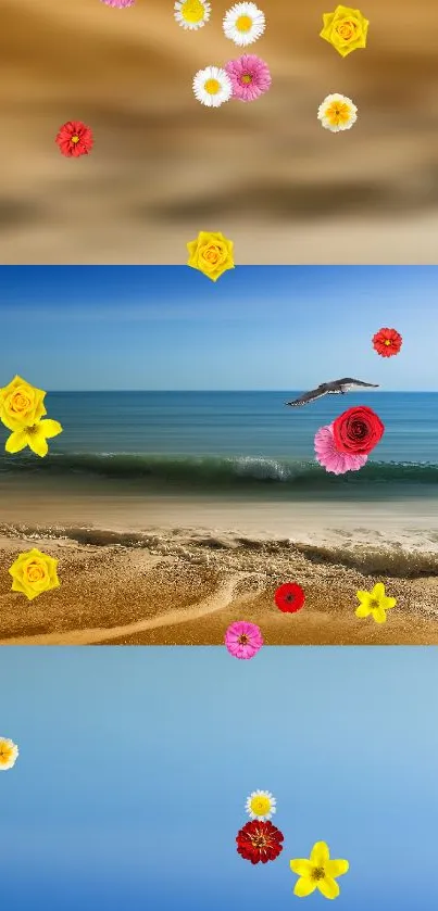 Serene beach scene with colorful floating flowers.