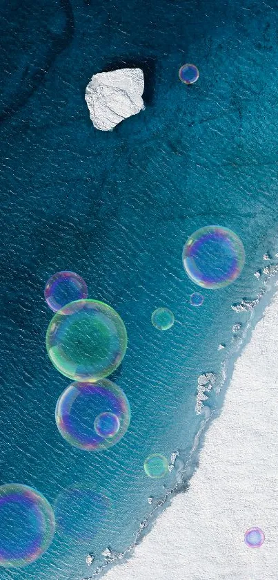 Aerial view of ocean bubbles on a serene blue sea with icy shores.