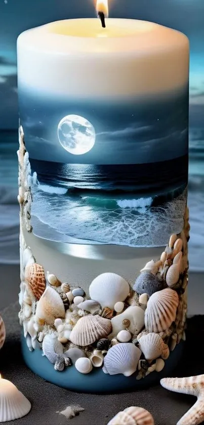 Ocean themed candle with seashells and moonlit waves.