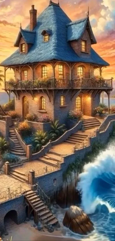 Fantasy house perched on an ocean cliff at sunset, waves crashing below.