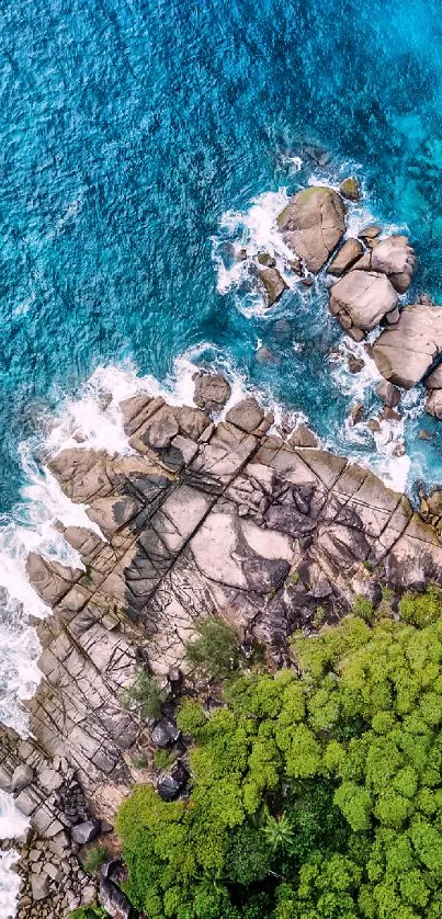 Aerial view of ocean waves crashing on rocky cliffs with lush greenery.