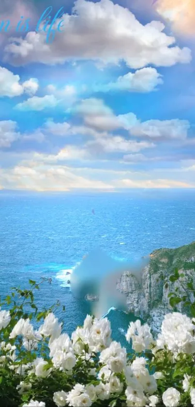 Serene ocean view with cliffs and white flowers under a blue sky.