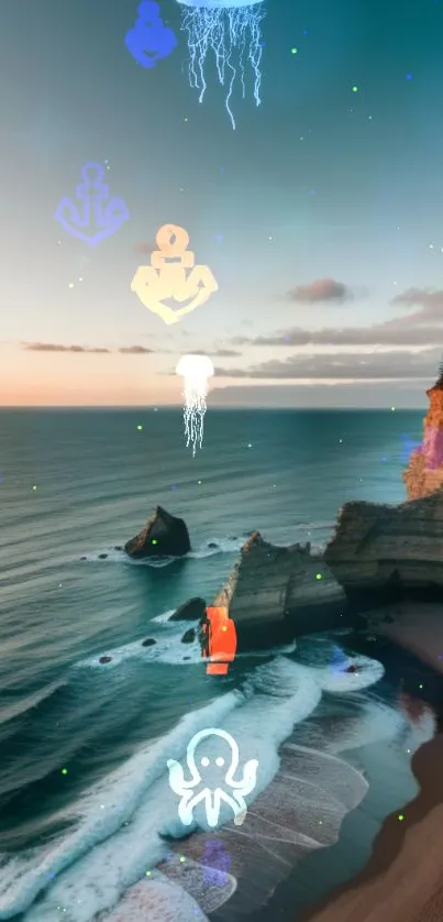 Ocean cliff at sunset with digital overlay of nautical icons.