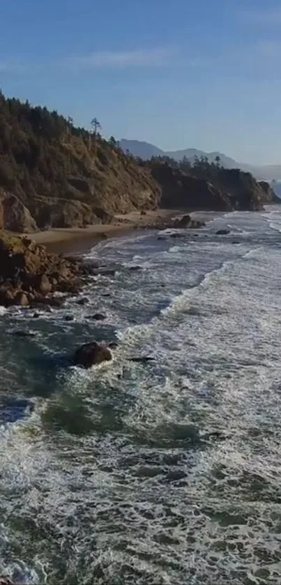 A breathtaking aerial view of ocean cliffs and waves crashing on the shore.