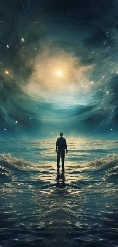 Mystical cosmic ocean wallpaper with a lone figure and starry sky.